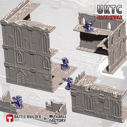 The image is a 3D rendering of a damaged building with several miniature figures, likely representing characters or players in a video game or tabletop role-playing game.