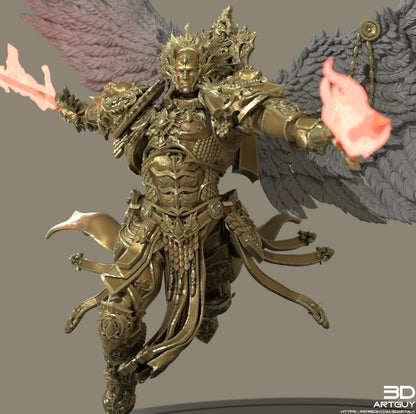 A detailed 3D rendering of a winged armored figure wielding a flaming weapon, with intricate armor and flowing robes.