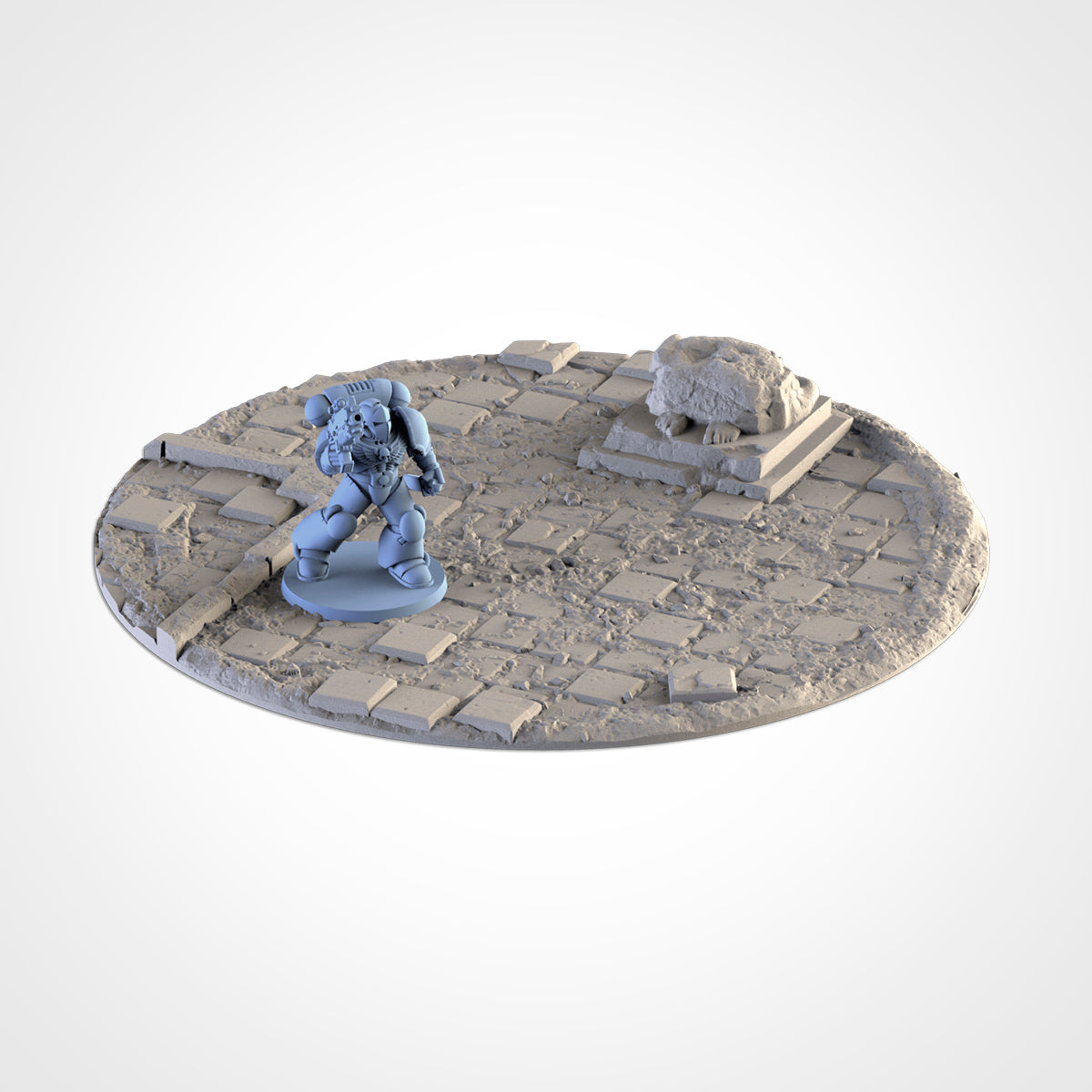 A 3D rendering of a small figurine, possibly a soldier or a character, standing on a circular platform or base. The platform appears to be made of stone or concrete, and there is a small stone or rock formation on the platform. The image does not contain any text or additional objects, and the focus is on the figurine and its surroundings.