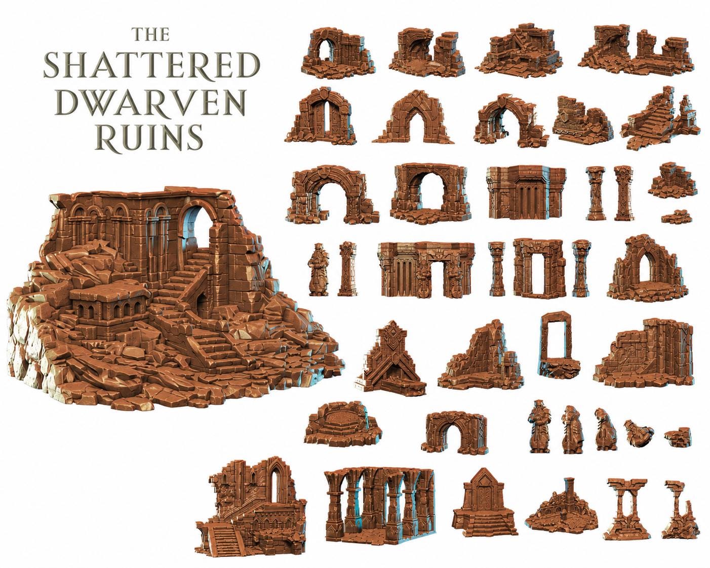 a collection of various ruins and structures, including arches, columns, and other architectural elements, all rendered in a brown color. The text "The Shattered Dwarven Ruins" is displayed above the image, indicating the theme or subject of the collection.