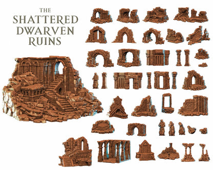 a collection of various ruins and structures, including arches, columns, and other architectural elements, all rendered in a brown color. The text "The Shattered Dwarven Ruins" is displayed above the image, indicating the theme or subject of the collection.