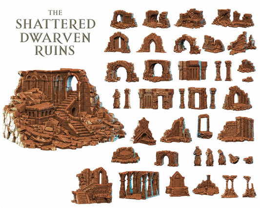 a collection of various ruins and structures, including arches, columns, and other architectural elements, all rendered in a brown color. The text "The Shattered Dwarven Ruins" is displayed above the image, indicating the theme or subject of the collection.