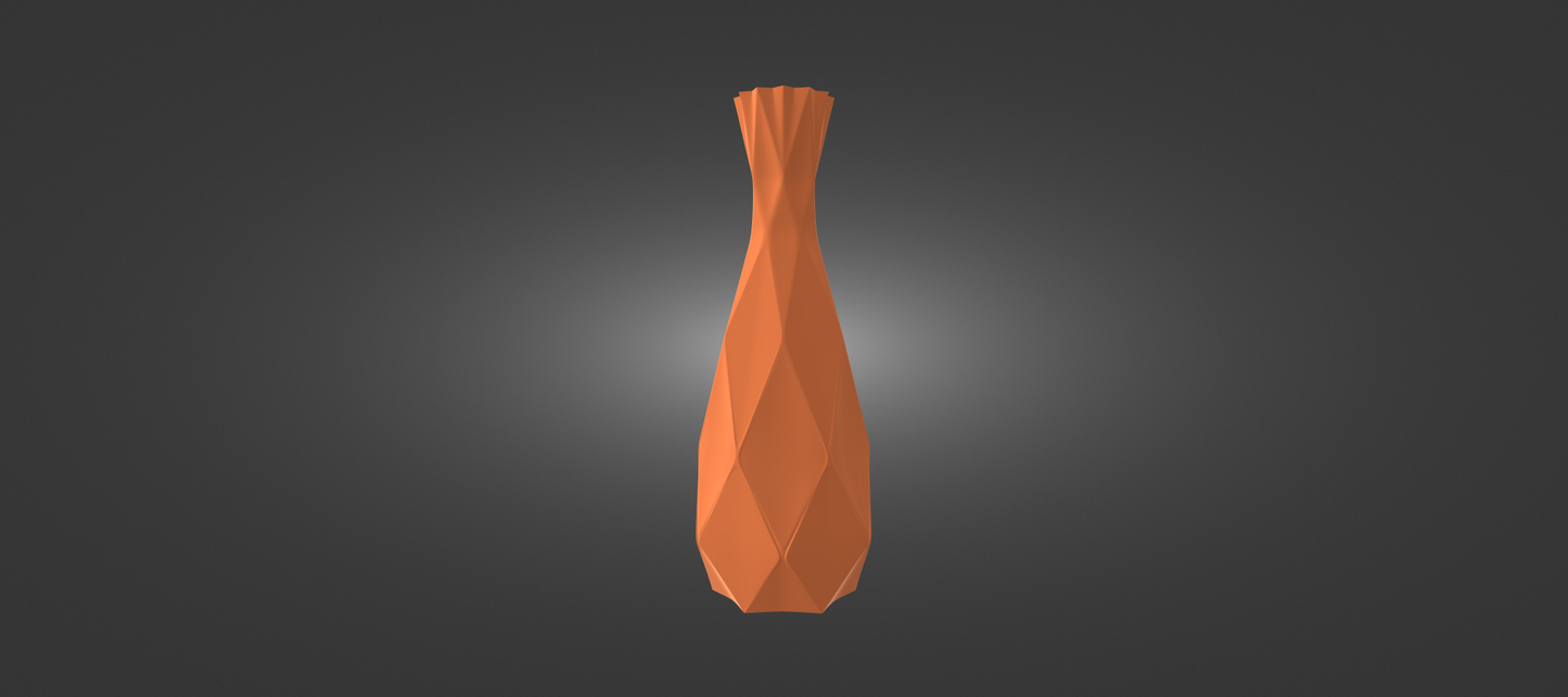 An orange, geometric vase-like object stands alone against a dark background.