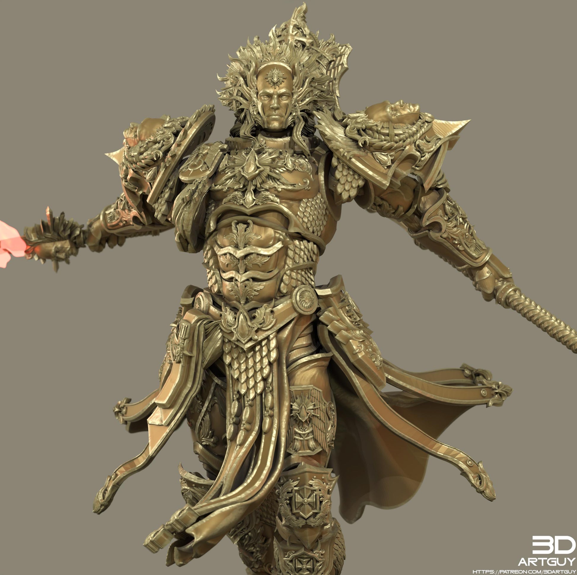 A highly detailed and ornate golden statue of a warrior figure, with intricate armor and a flowing cape.