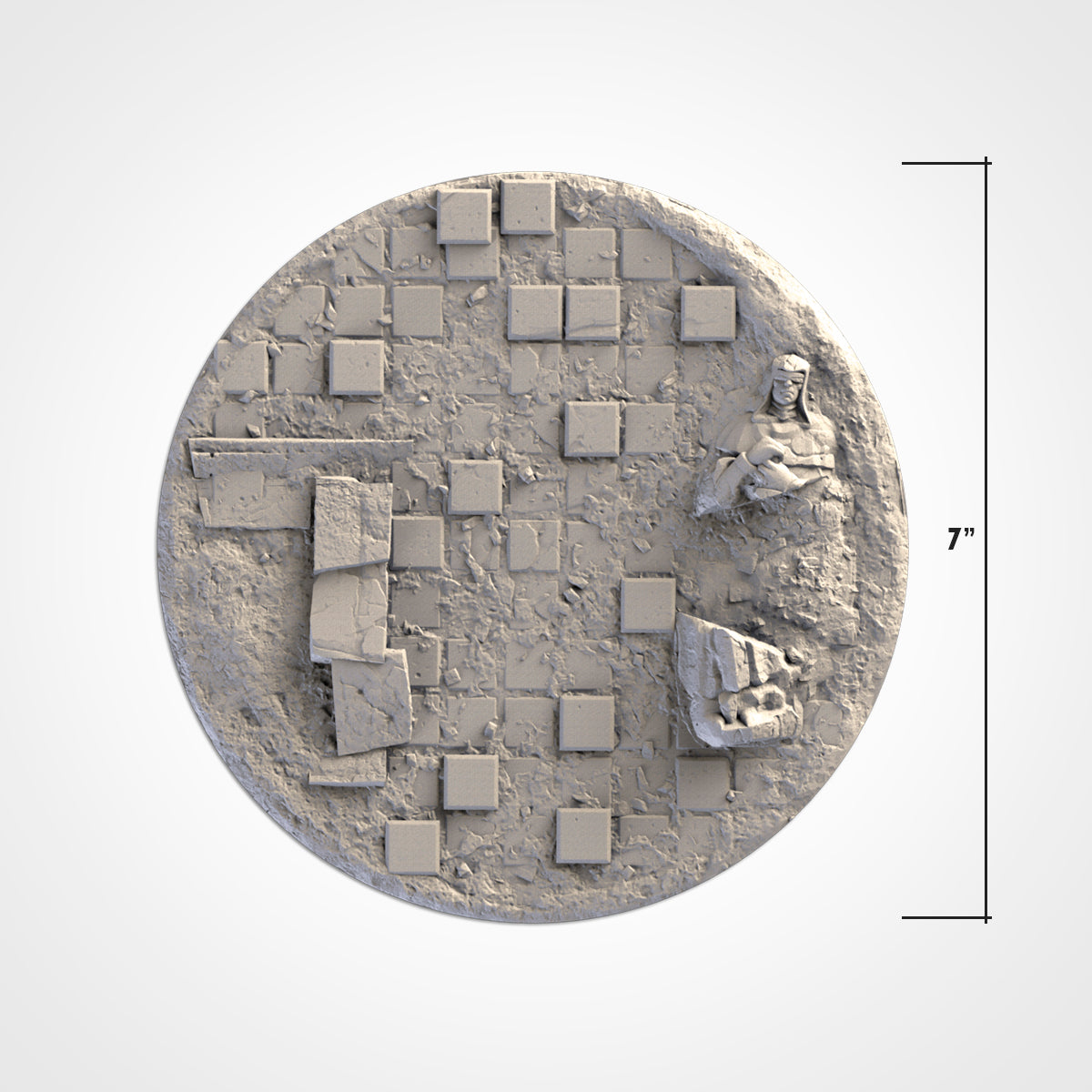 The image is a 3D rendering of a circular object with a grid-like pattern of small square tiles.