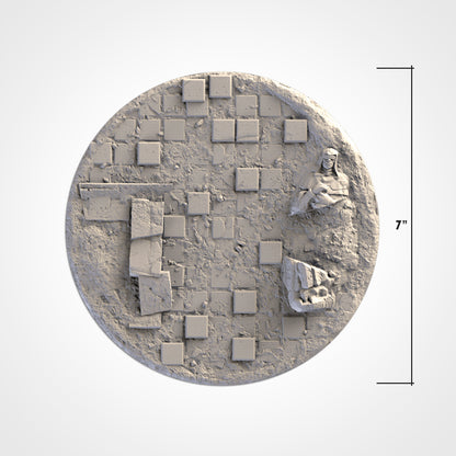 The image is a 3D rendering of a circular object with a grid-like pattern of small square tiles.