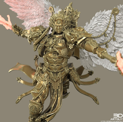 A detailed 3D rendering of a golden armored figure with wings, wielding a sword and surrounded by intricate armor and wings.
