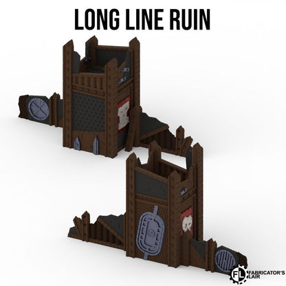 a 3D rendering of a long line ruin, which is a type of medieval fortification. The ruins are made of wood and have a distinctive design with multiple levels and towers. The image is a collage of two different views of the ruins, providing a comprehensive look at the structure.
