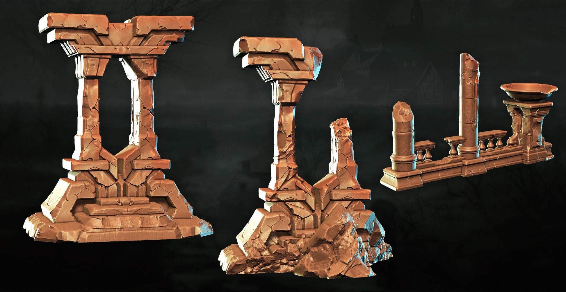 three 3D models of stone structures, including a large arch, a smaller arch, and a stone pillar.