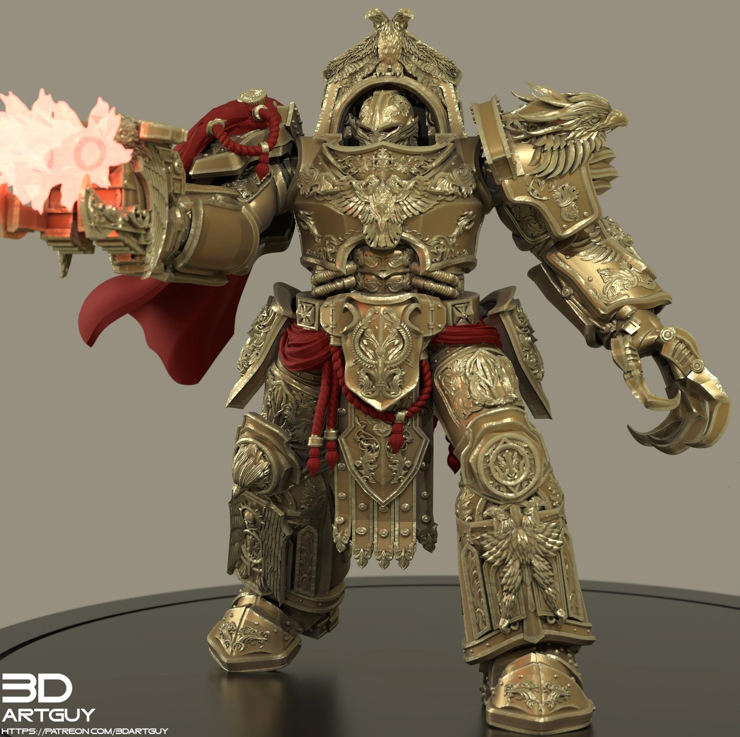 A highly detailed and ornate golden armored figure, possibly a warrior or knight, with intricate designs and decorations.