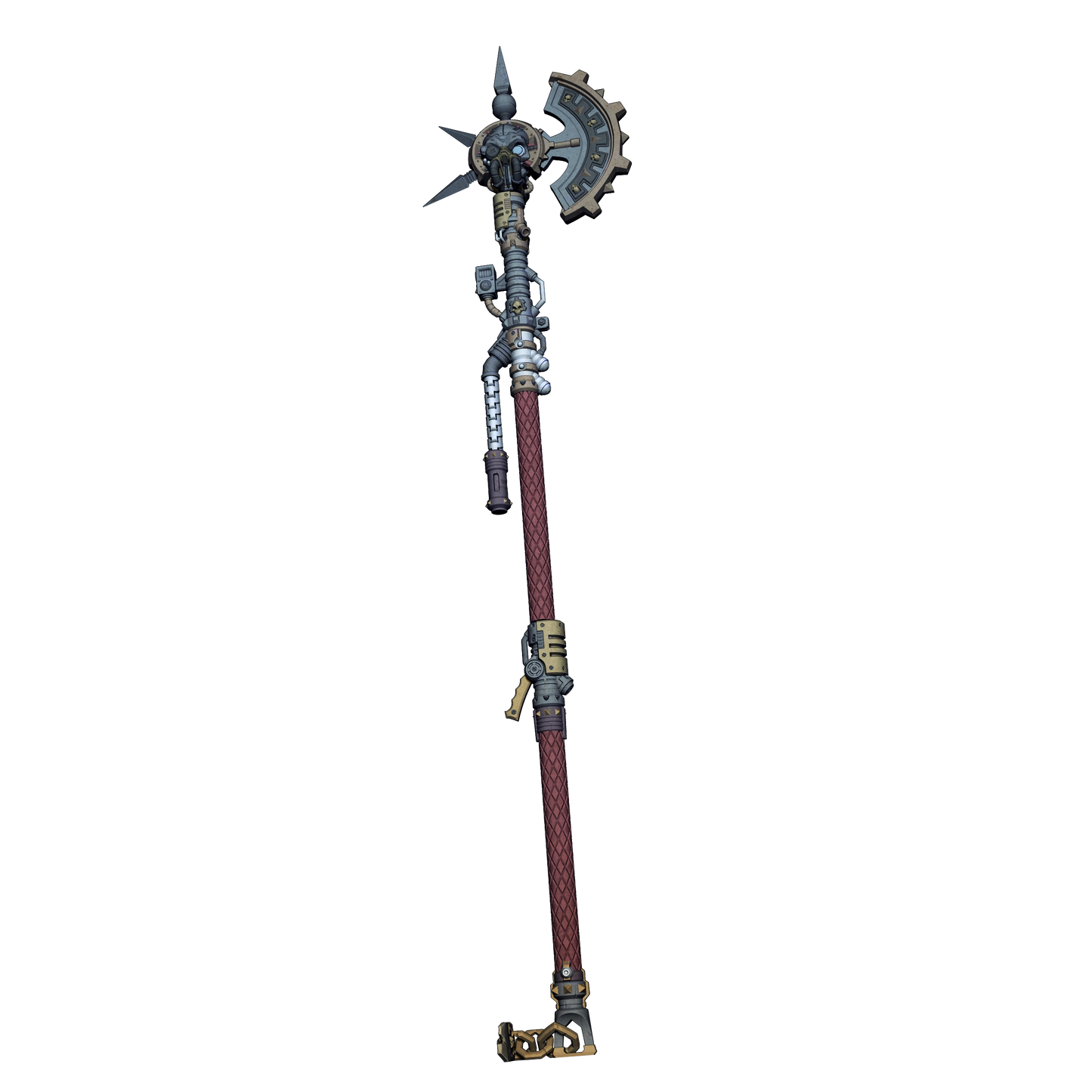 A detailed 3D rendering of a large, ornate weapon with a pointed top and a curved handle, featuring intricate metalwork and a complex design.