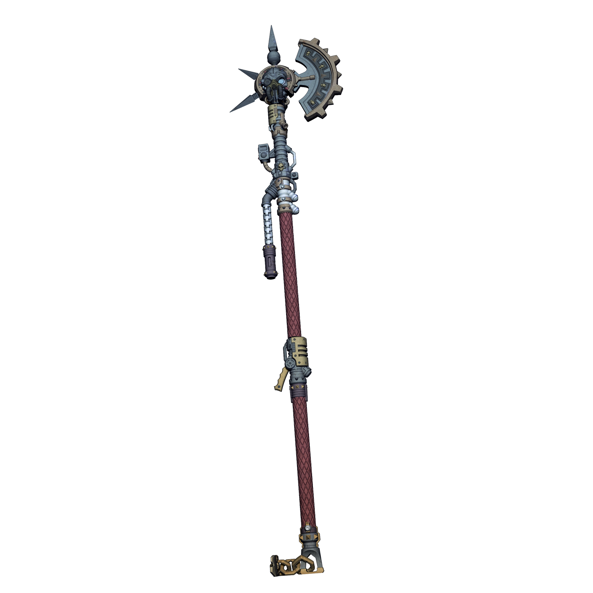 A detailed 3D rendering of a large, ornate weapon with a pointed top and a curved handle, featuring intricate metalwork and a complex design.