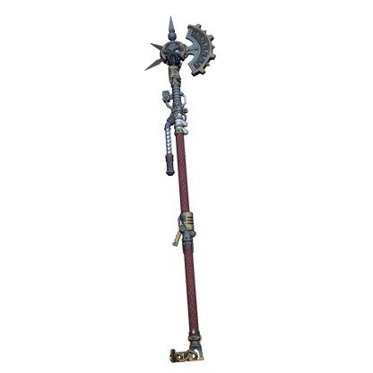 A detailed 3D rendering of a large, ornate weapon with a pointed top and a curved handle, featuring intricate metalwork and a complex design.