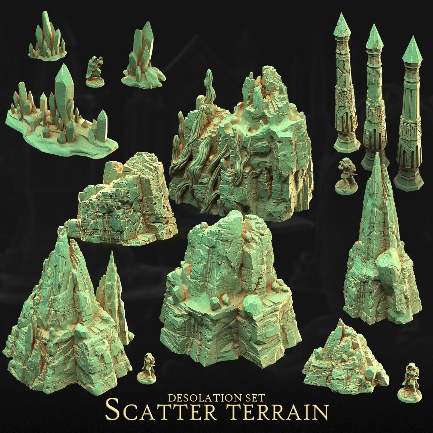 a collection of 3D models depicting various rocky formations and structures, including mountains, cliffs, and towers, all rendered in a greenish-blue color. The models are arranged in a way that showcases the different shapes and textures of these natural and man-made elements. The image does not contain any text or additional objects, and the focus is solely on the 3D models of the landscape.