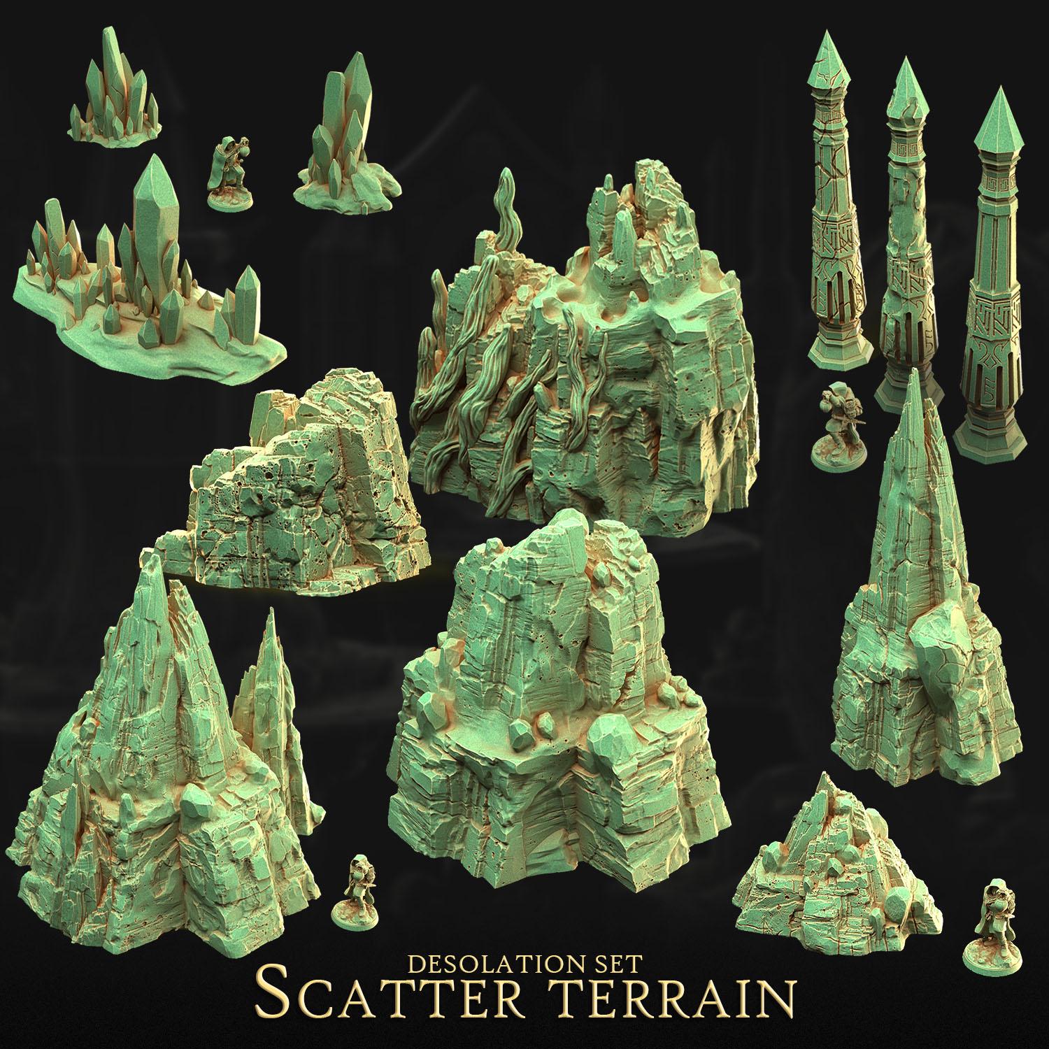 a collection of 3D models depicting various rocky formations and structures, including mountains, cliffs, and towers, all rendered in a greenish-blue color. The models are arranged in a way that showcases the different shapes and textures of these natural and man-made elements. The image does not contain any text or additional objects, and the focus is solely on the 3D models of the landscape.