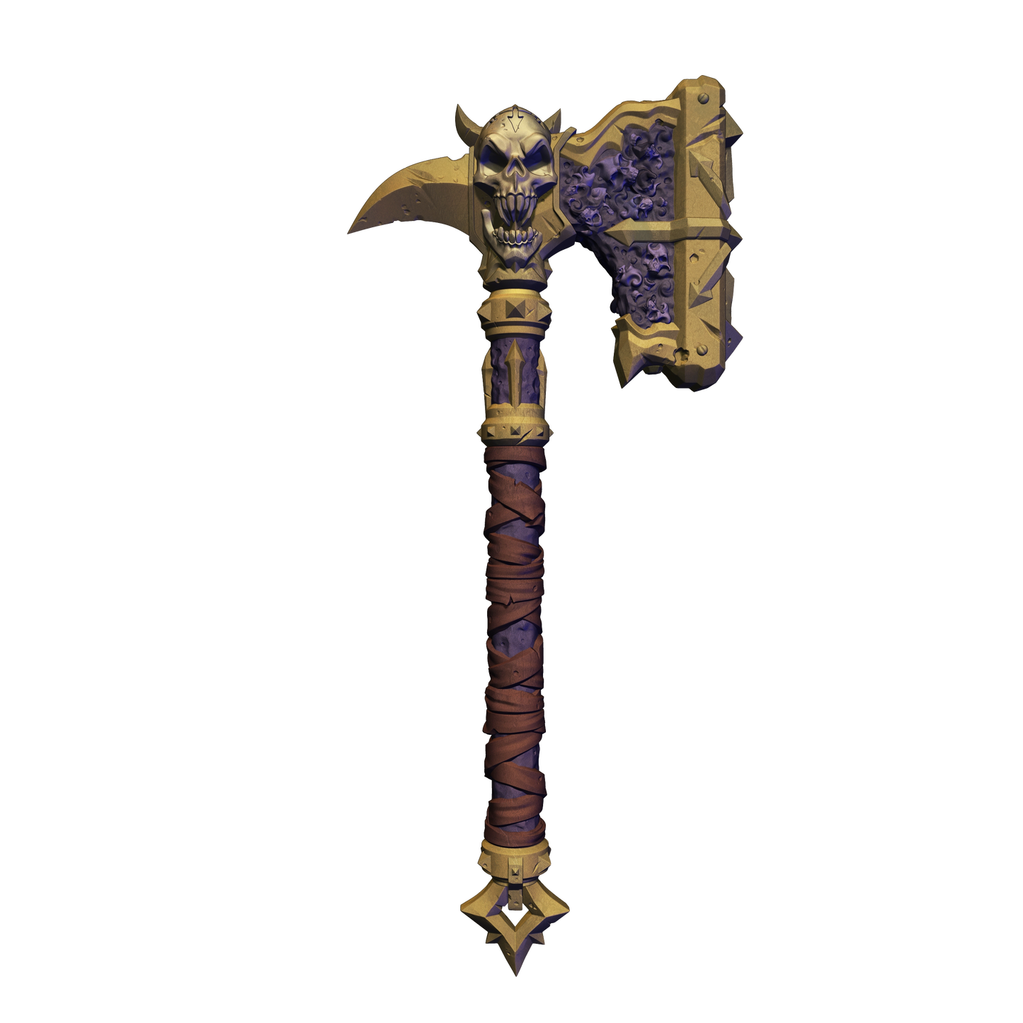 A detailed 3D rendering of a large, ornate sword with a skull-like head and a pointed blade.