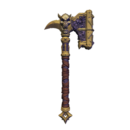 A detailed 3D rendering of a large, ornate sword with a skull-like head and a pointed blade.