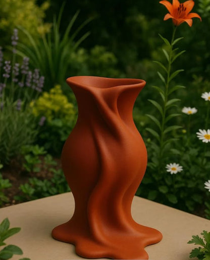 A red ceramic vase with a unique, swirling shape sits on a wooden surface, surrounded by a lush garden with various plants and flowers.