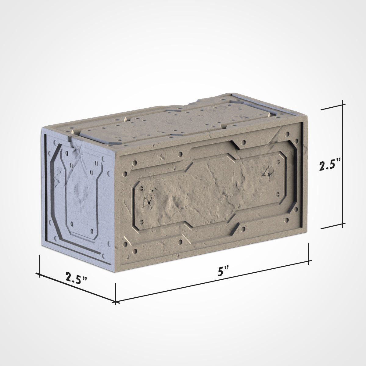A 3D rendering of a rectangular metal box with a textured surface, along with measurements indicating its dimensions.