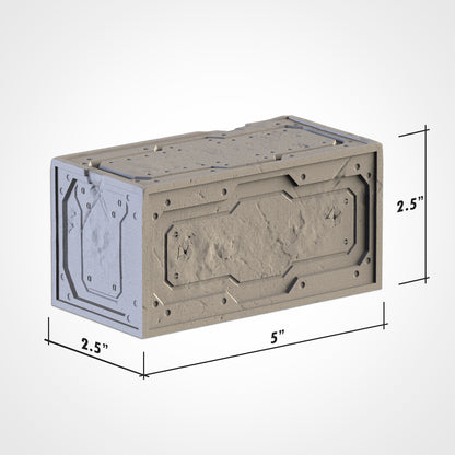 A 3D rendering of a rectangular metal box with a textured surface, along with measurements indicating its dimensions.