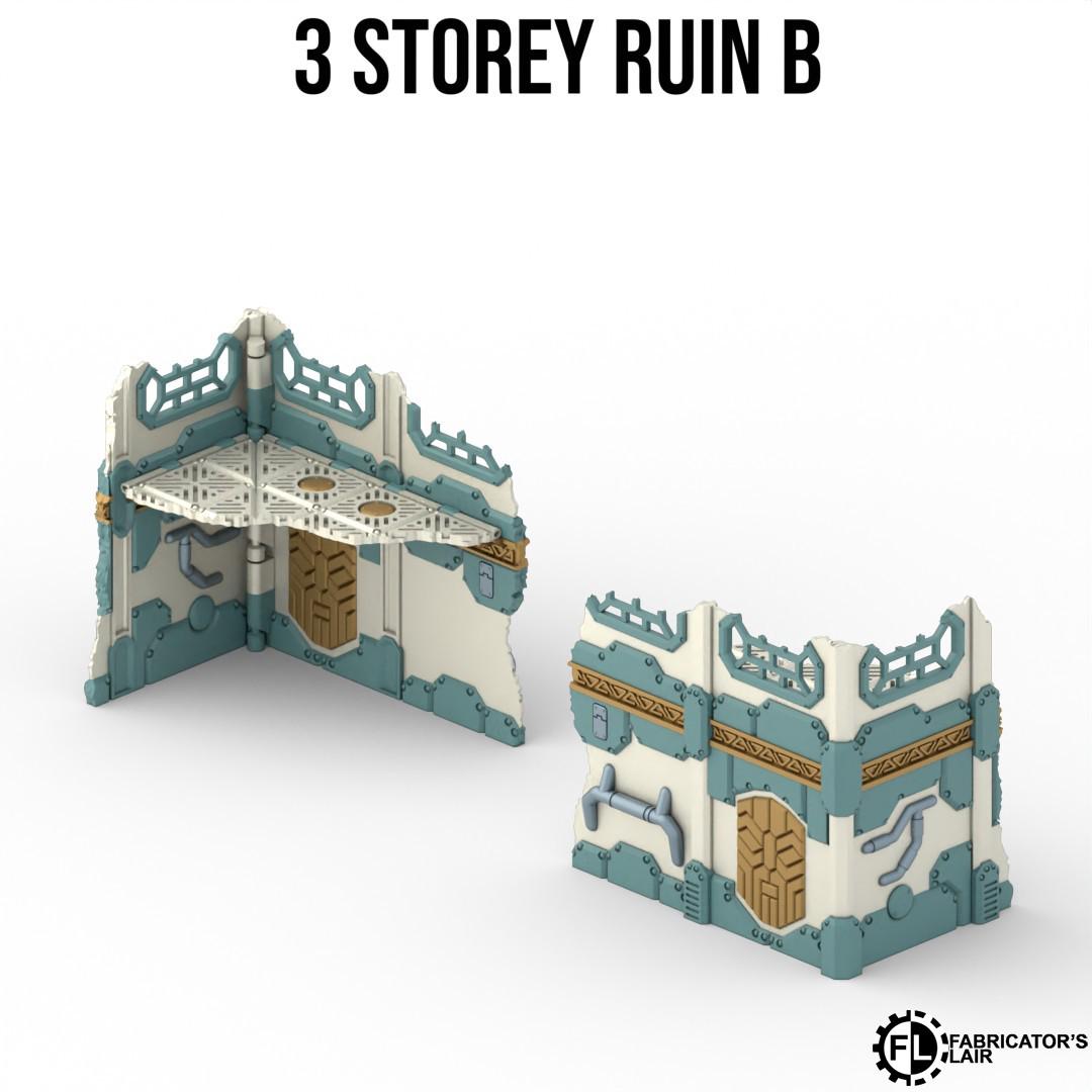 a 3-storey ruin B, which is a 3D rendering of a damaged building or structure.