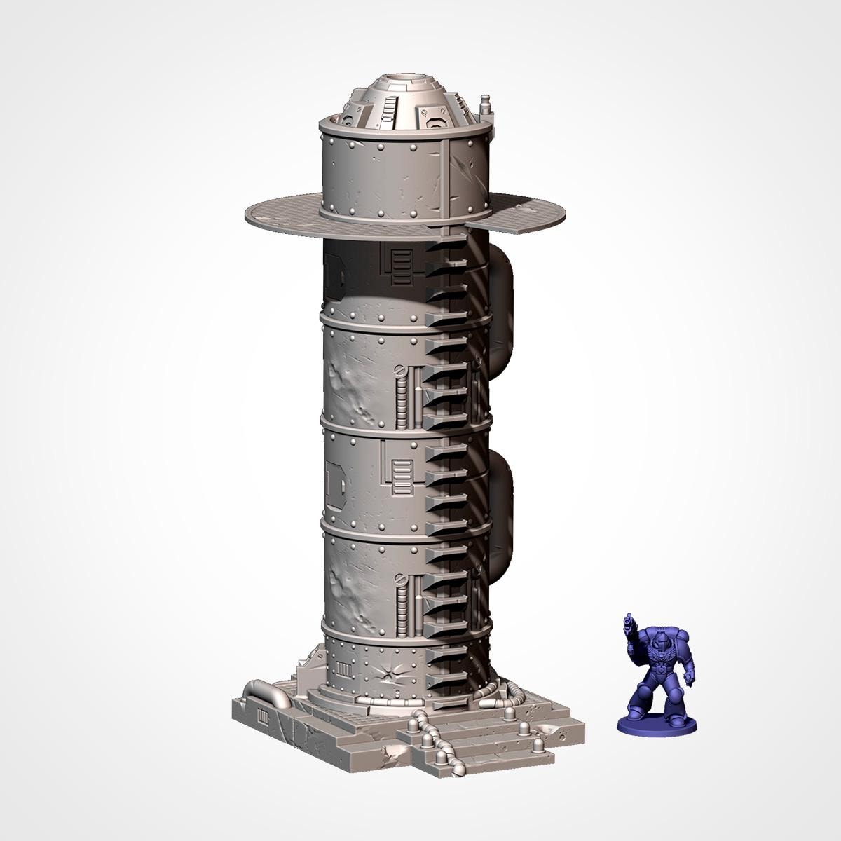 A tall, metallic tower with a circular observation deck at the top, and a small blue figurine standing next to it.
