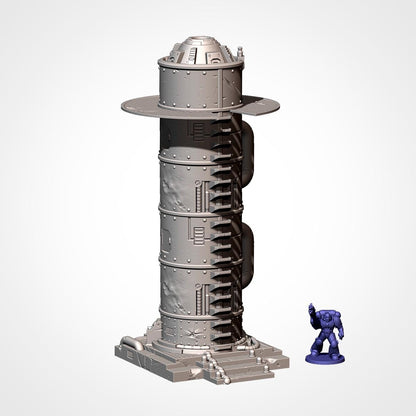 A tall, metallic tower with a circular observation deck at the top, and a small blue figurine standing next to it.
