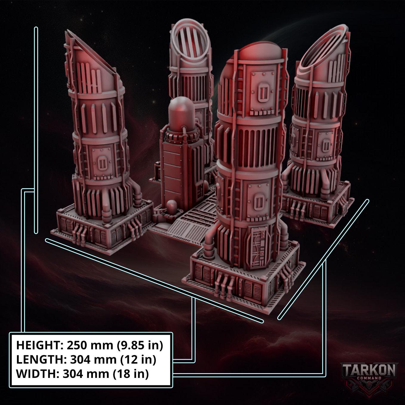 The image is a 3D rendering of a futuristic cityscape with tall, cylindrical structures and various technological elements.