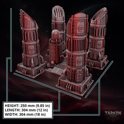 The image is a 3D rendering of a futuristic cityscape with tall, cylindrical structures and various technological elements.