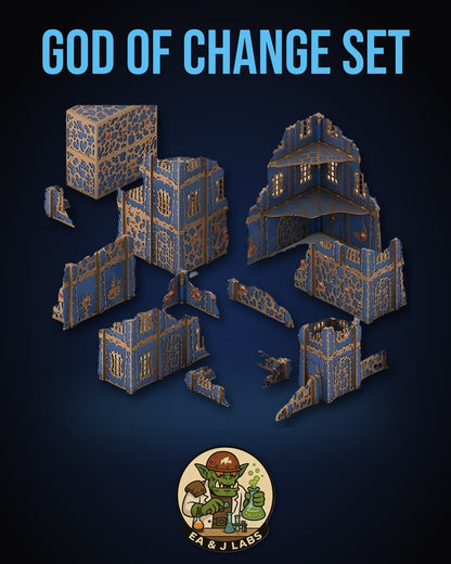 The image is a promotional poster for a "God of Change Set" featuring a collage of various damaged and broken structures, including a castle, a tower, and a laboratory.