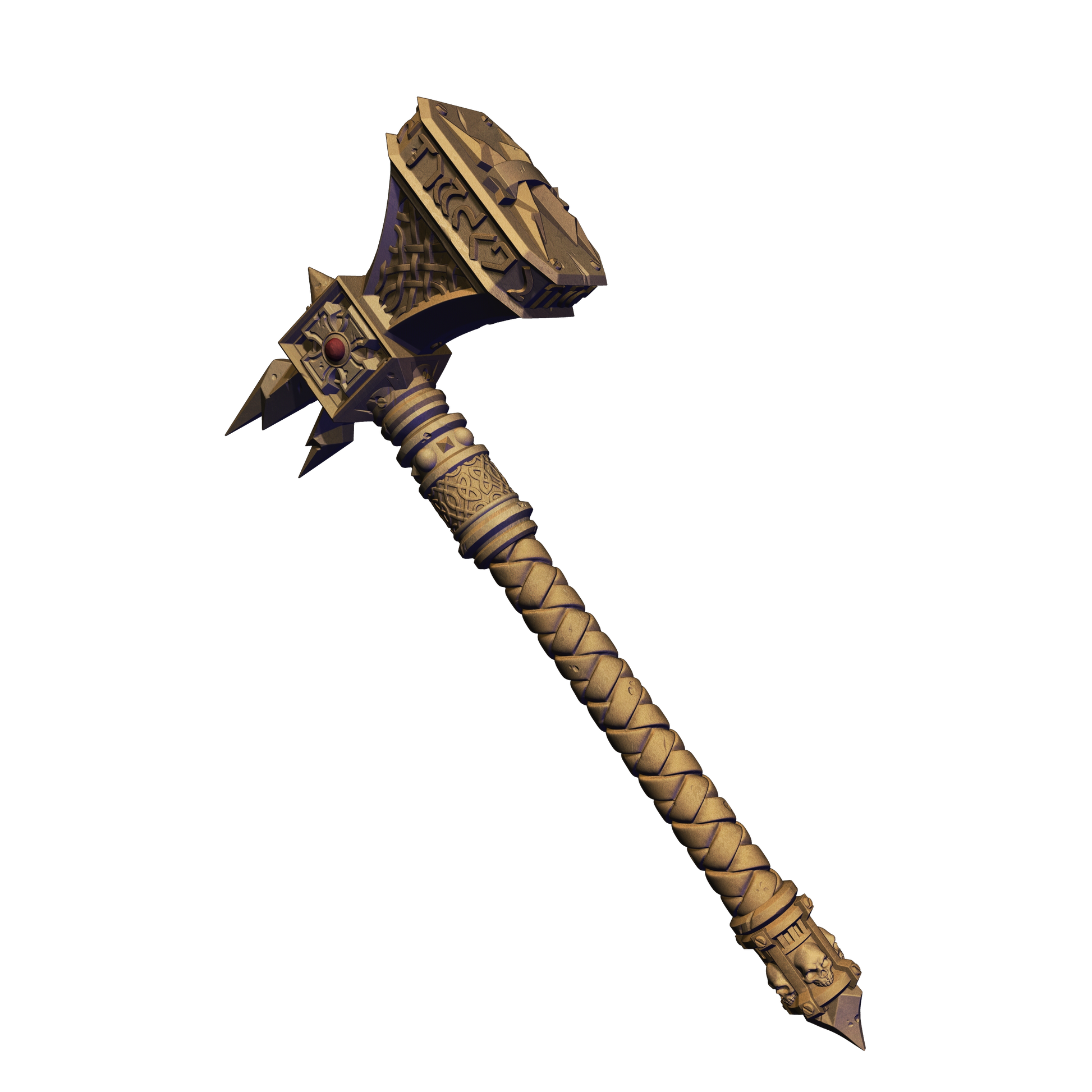 A detailed 3D rendering of a large, ornate sword with a curved blade and intricate designs.