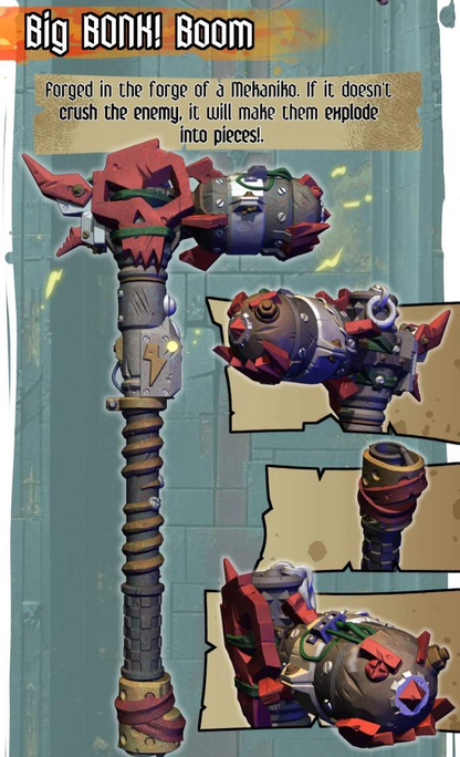The image is a detailed illustration of a large, heavily armed weapon with multiple attachments, including a large headpiece and a variety of other attachments. The weapon appears to be a futuristic, heavily armed piece of armor designed for combat.