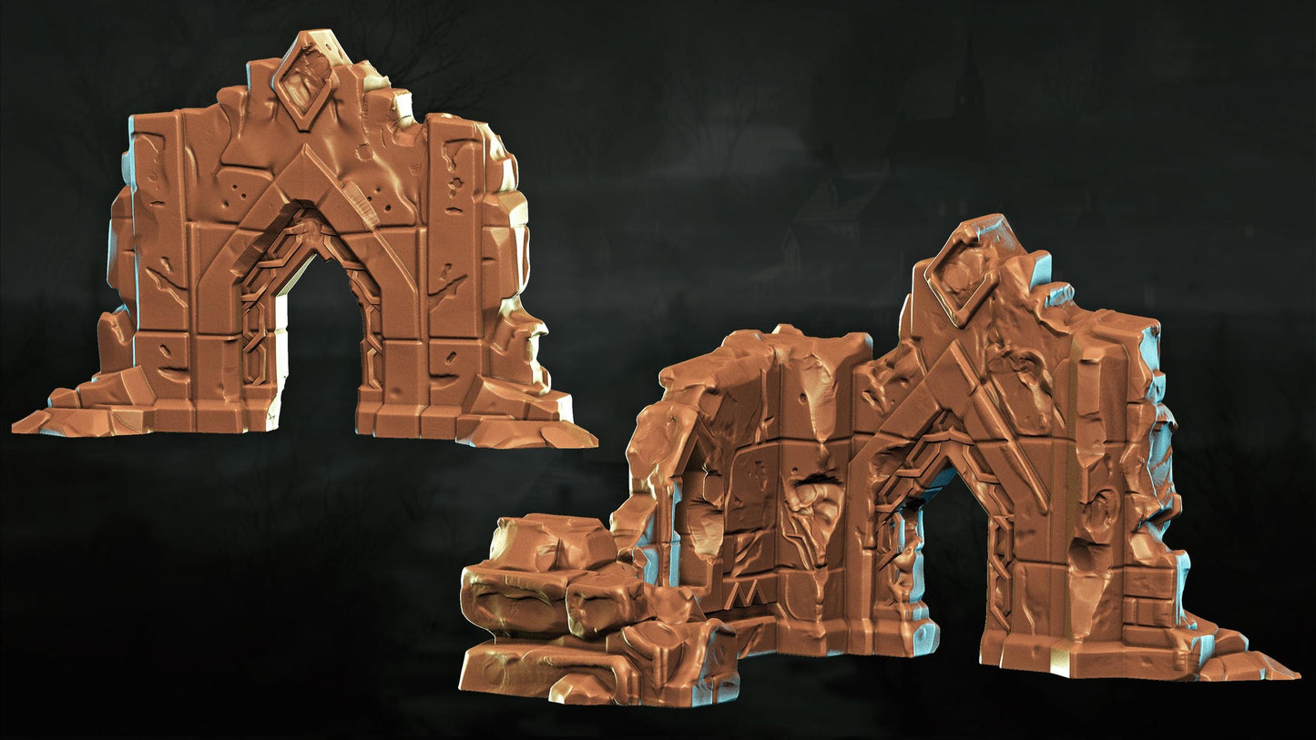 three stone ruins or ruins, which appear to be made of a reddish-brown material. The ruins are set against a dark background, creating a dramatic and mysterious atmosphere.