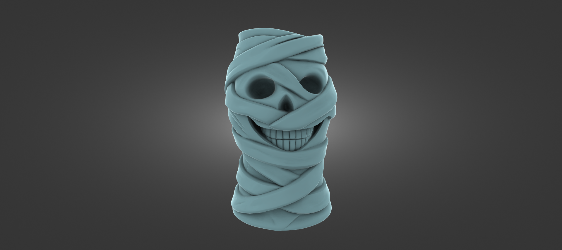 A 3D rendering of a skull wrapped in bandages, giving it a playful and whimsical appearance.