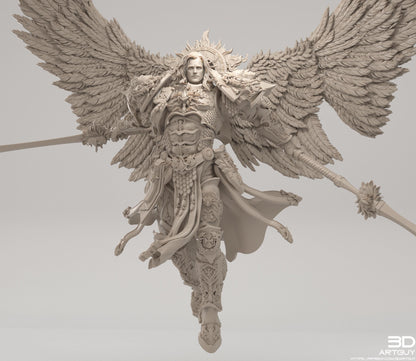 A detailed 3D rendering of a winged figure with intricate armor and a crown, standing against a plain background.