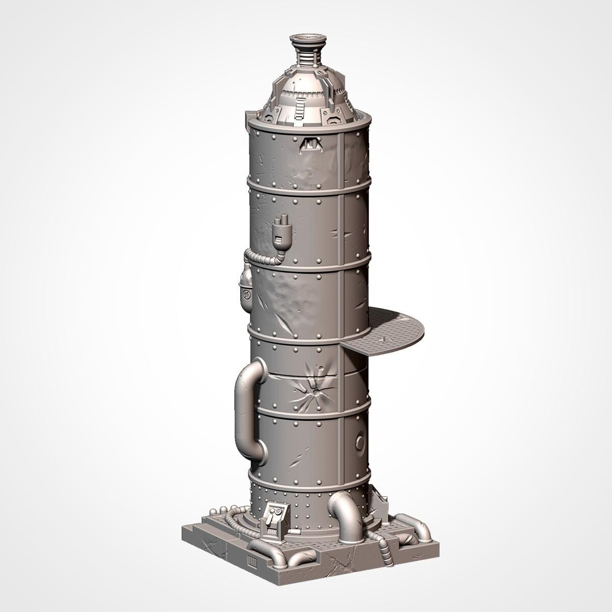 A 3D rendering of a tall, cylindrical metal structure with various mechanical components and a dome-like top.