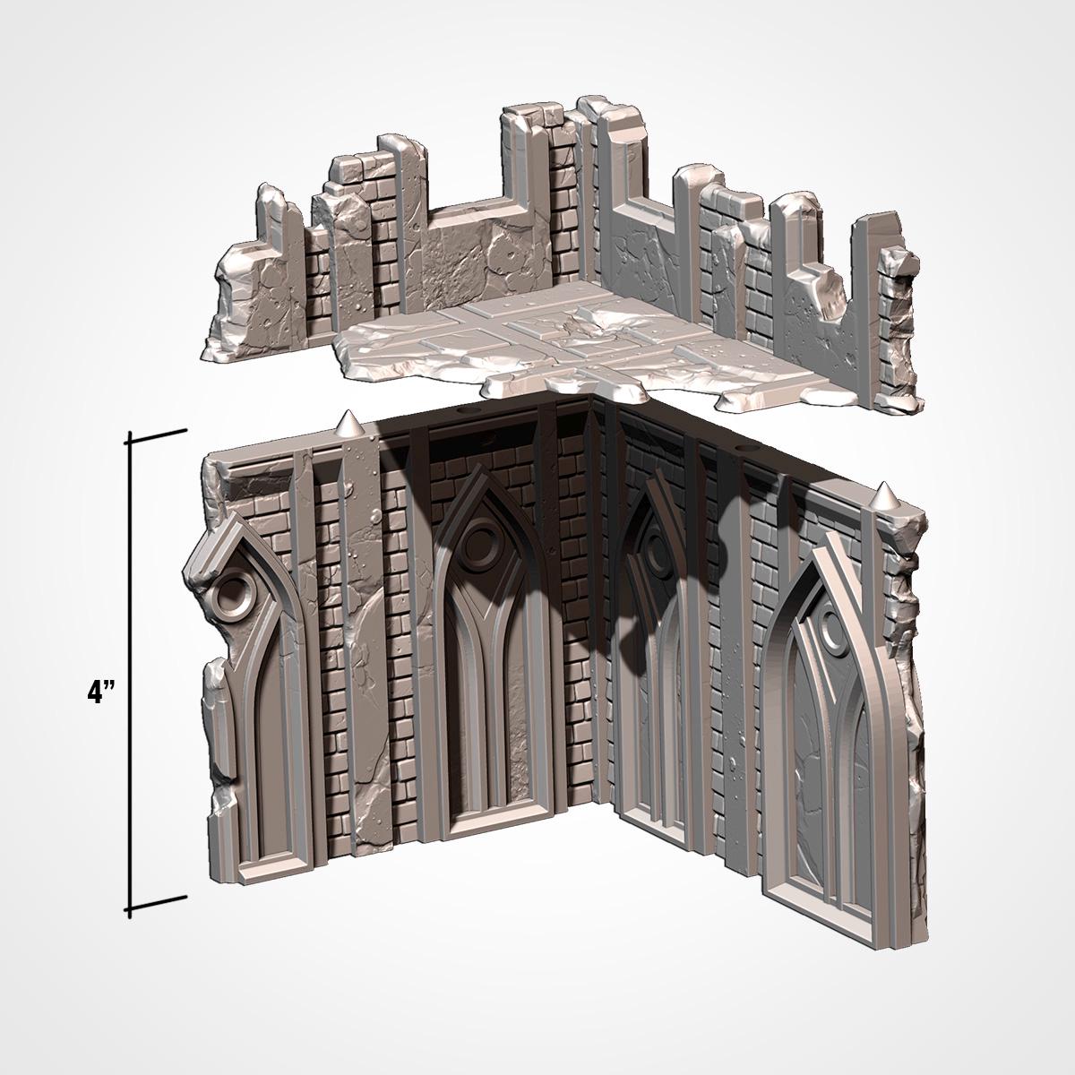 The image is a 3D rendering of a damaged and crumbling structure, possibly a castle or fortress, with broken walls, arched doorways, and other architectural elements.
