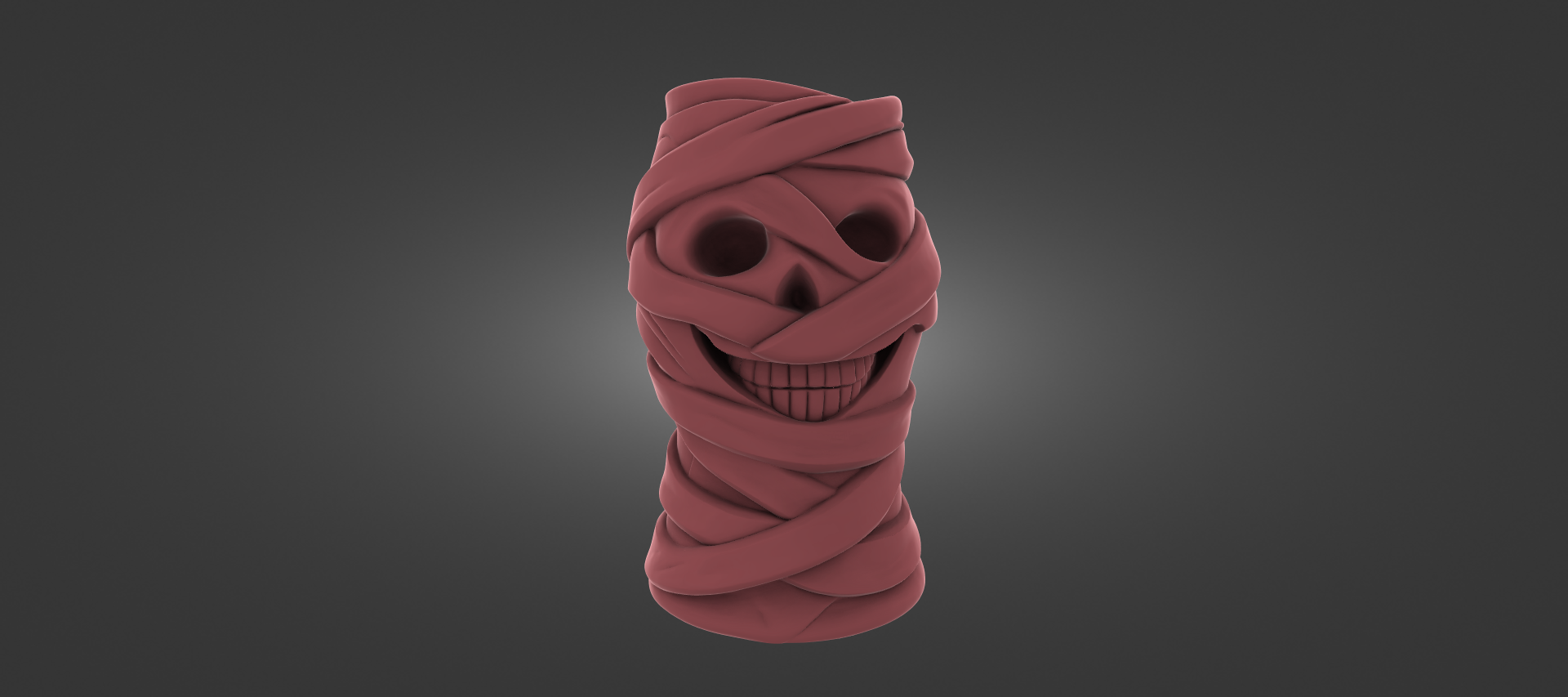 A 3D rendering of a skull-shaped object wrapped in a red cloth, giving it a playful and whimsical appearance.