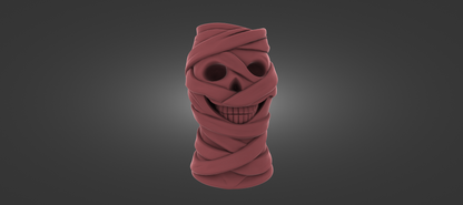 A 3D rendering of a skull-shaped object wrapped in a red cloth, giving it a playful and whimsical appearance.