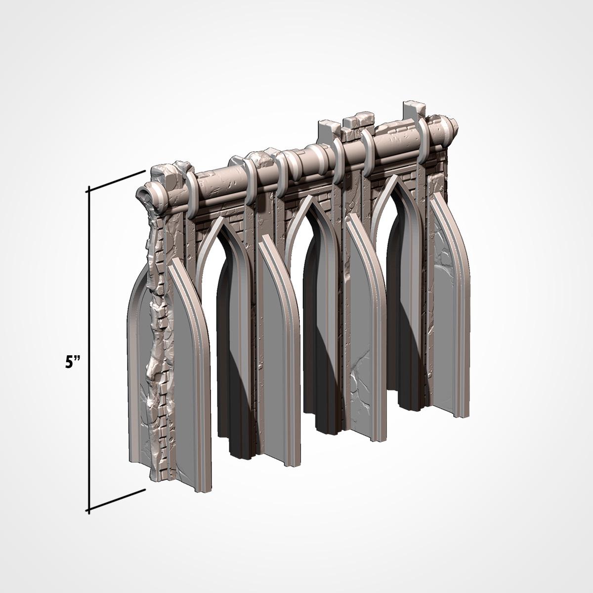 A 3D rendering of a stone archway with a curved top and a series of arches below it.