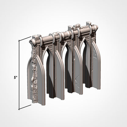 A 3D rendering of a stone archway with a curved top and a series of arches below it.