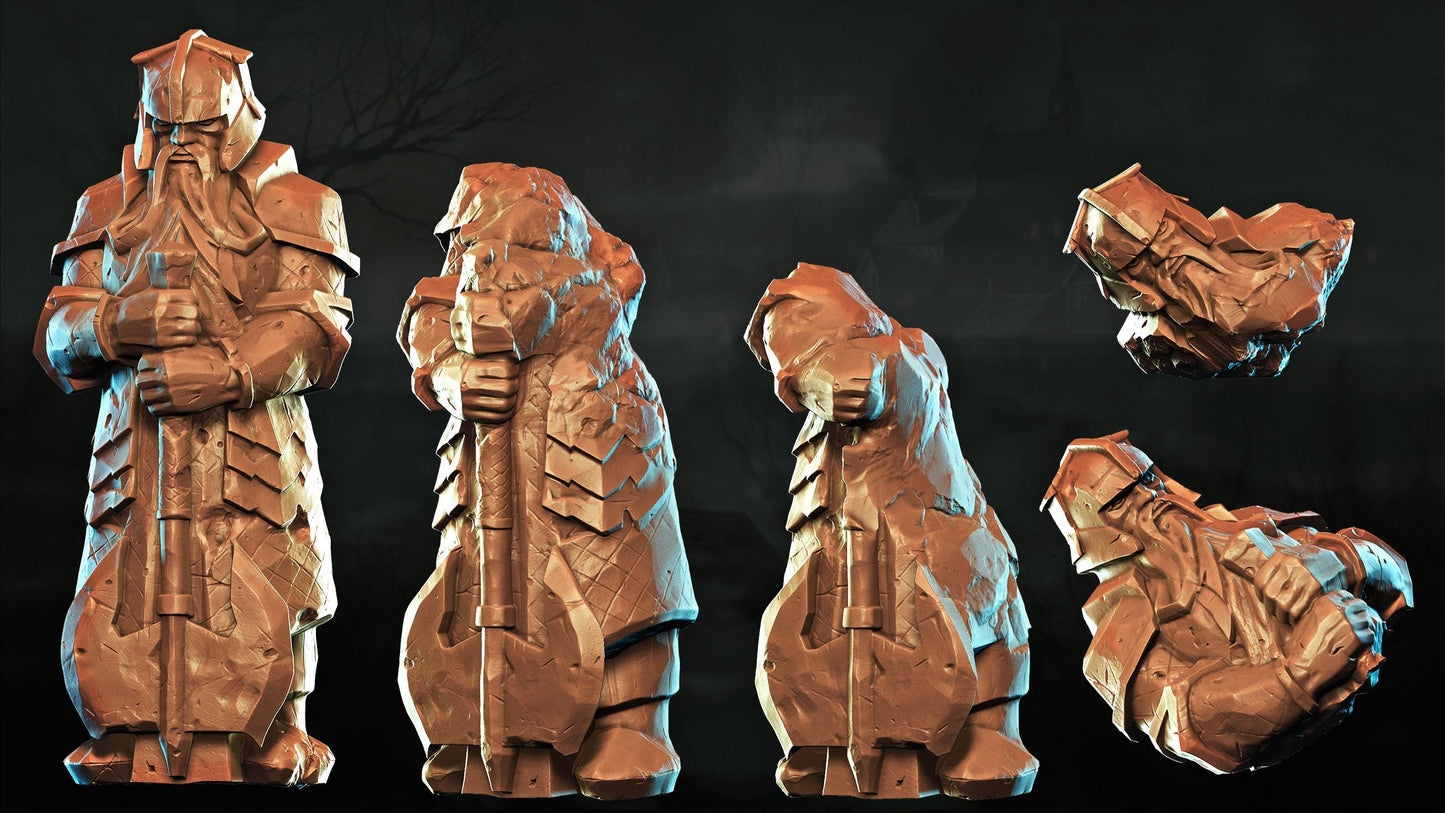 a group of five stone statues of bearded men, each holding a walking stick, set against a dark background.