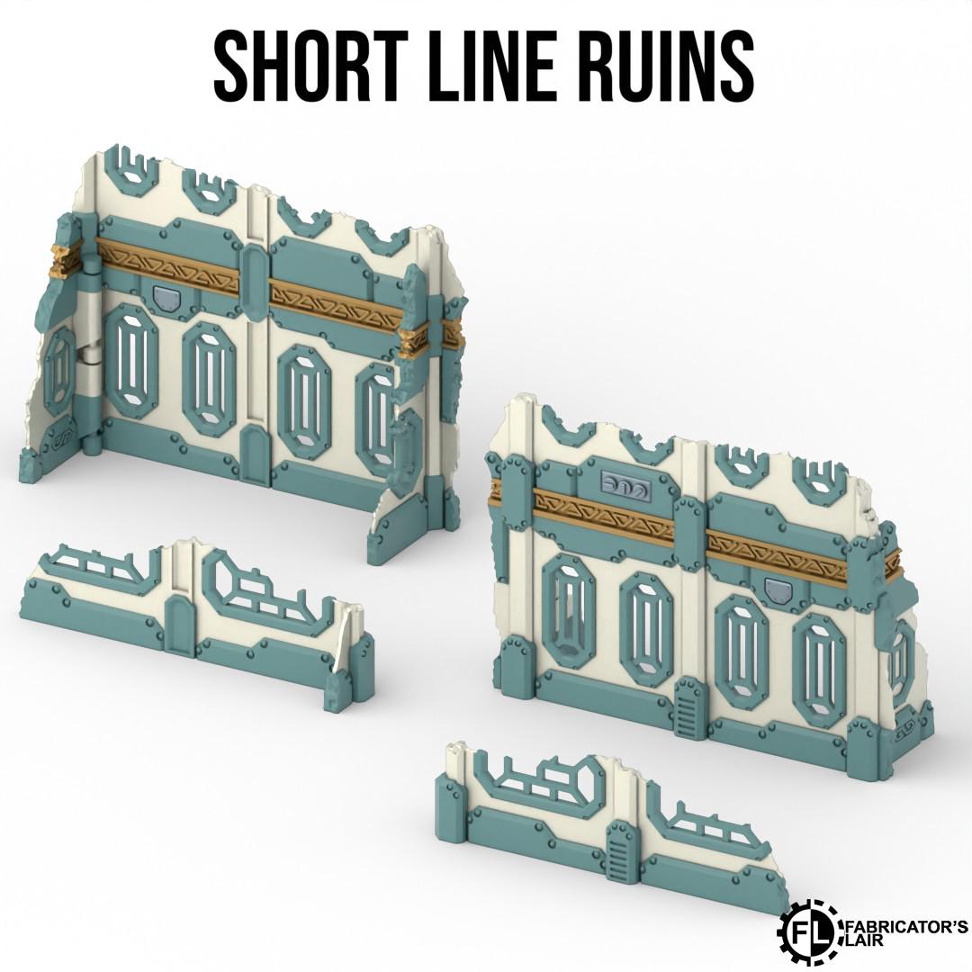 three short line ruins, which are blue and white structures with geometric patterns and designs.
