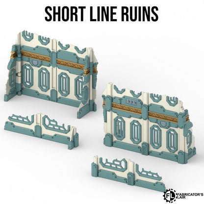 three short line ruins, which are blue and white structures with geometric patterns and designs.