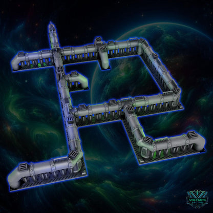 A complex network of pipes and tubes, resembling a futuristic city or industrial complex, set against a backdrop of a distant planet and swirling cosmic energy.