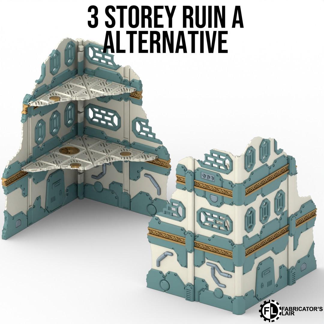 a 3-storey ruin, which is an alternative to a traditional building. The ruins are made of a combination of blue and white materials and have a futuristic design.