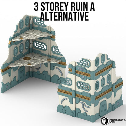 a 3-storey ruin, which is an alternative to a traditional building. The ruins are made of a combination of blue and white materials and have a futuristic design.