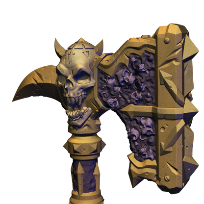 A 3D rendering of a skull-shaped weapon with a pointed blade and a shield-like design on the side, featuring a skull and crossbones pattern.