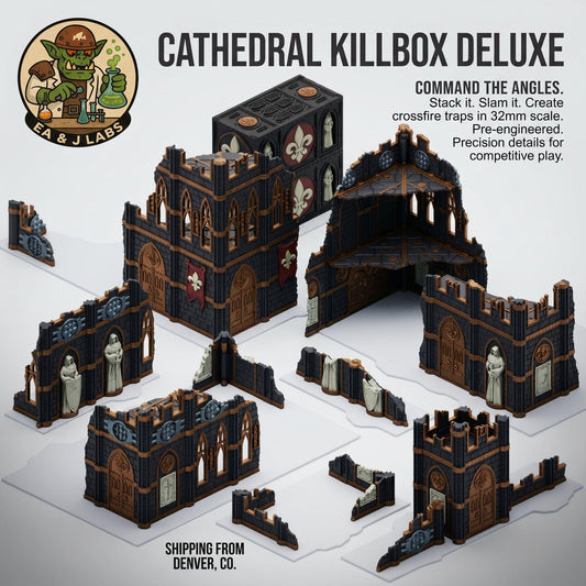 The image is an advertisement for a Cathedral Killbox Deluxe toy, featuring a detailed 3D model of a medieval castle with various architectural elements and pieces.