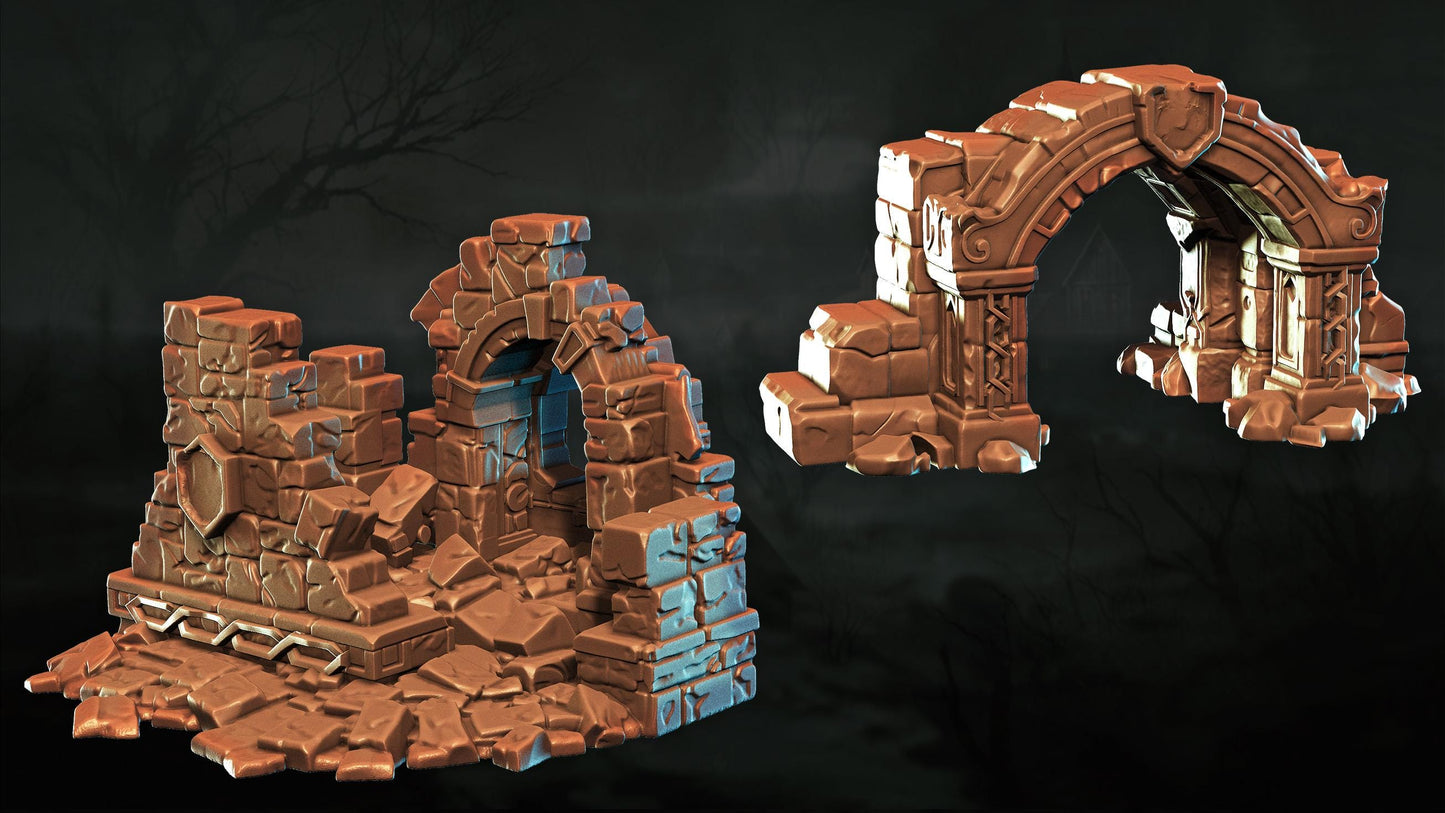 two 3D models of ruins or ruins, one on the left and one on the right, set against a dark background.